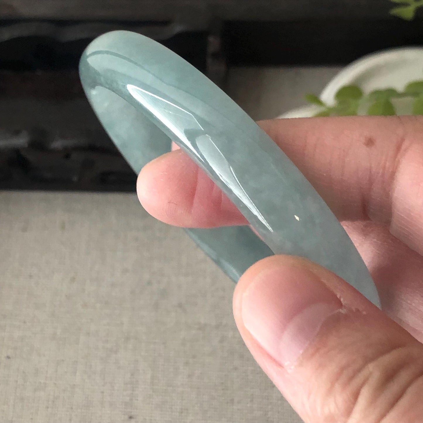 56.5mm Icy Glossy Blue Jadeite Jade D-Shaped Bangle