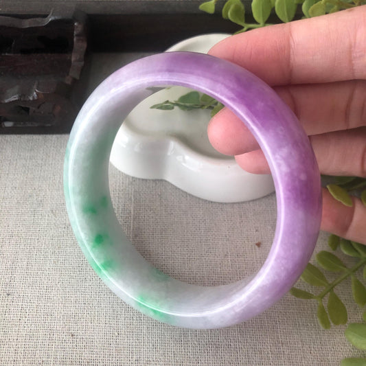 58mm Icy Cottony Lavender Green Float Flowers Jadeite Jade D-Shaped Bangle