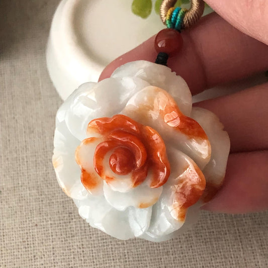 37.8mm Red Brown White Jadeite Jade Carved Flower Pendant