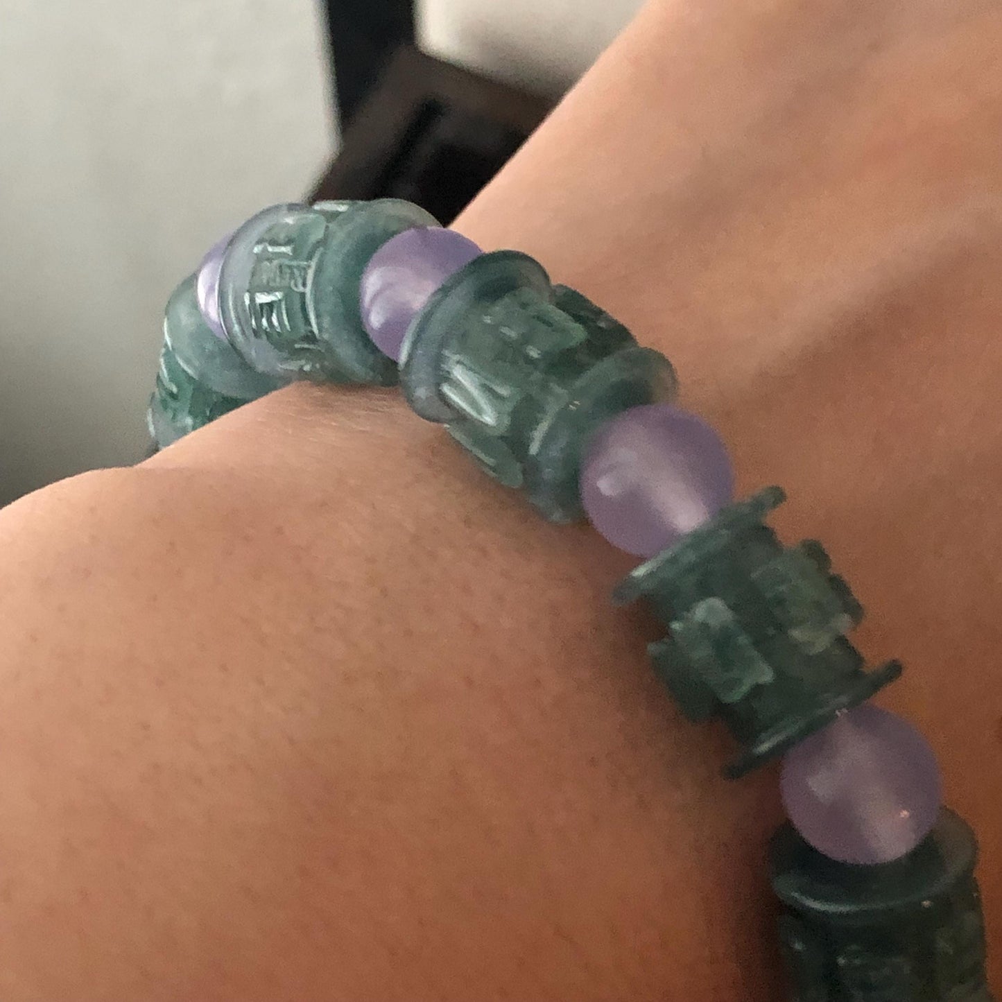 12.2mm x 11.4mm Jadeite Jade Icy Glossy Blue Green Carved Six Word Blessing Bead Bracelet
