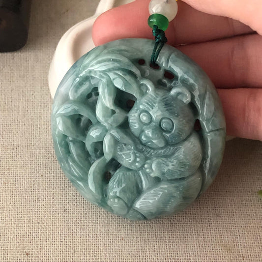 53mm Green Jadeite Jade Carved Panda  Pendant