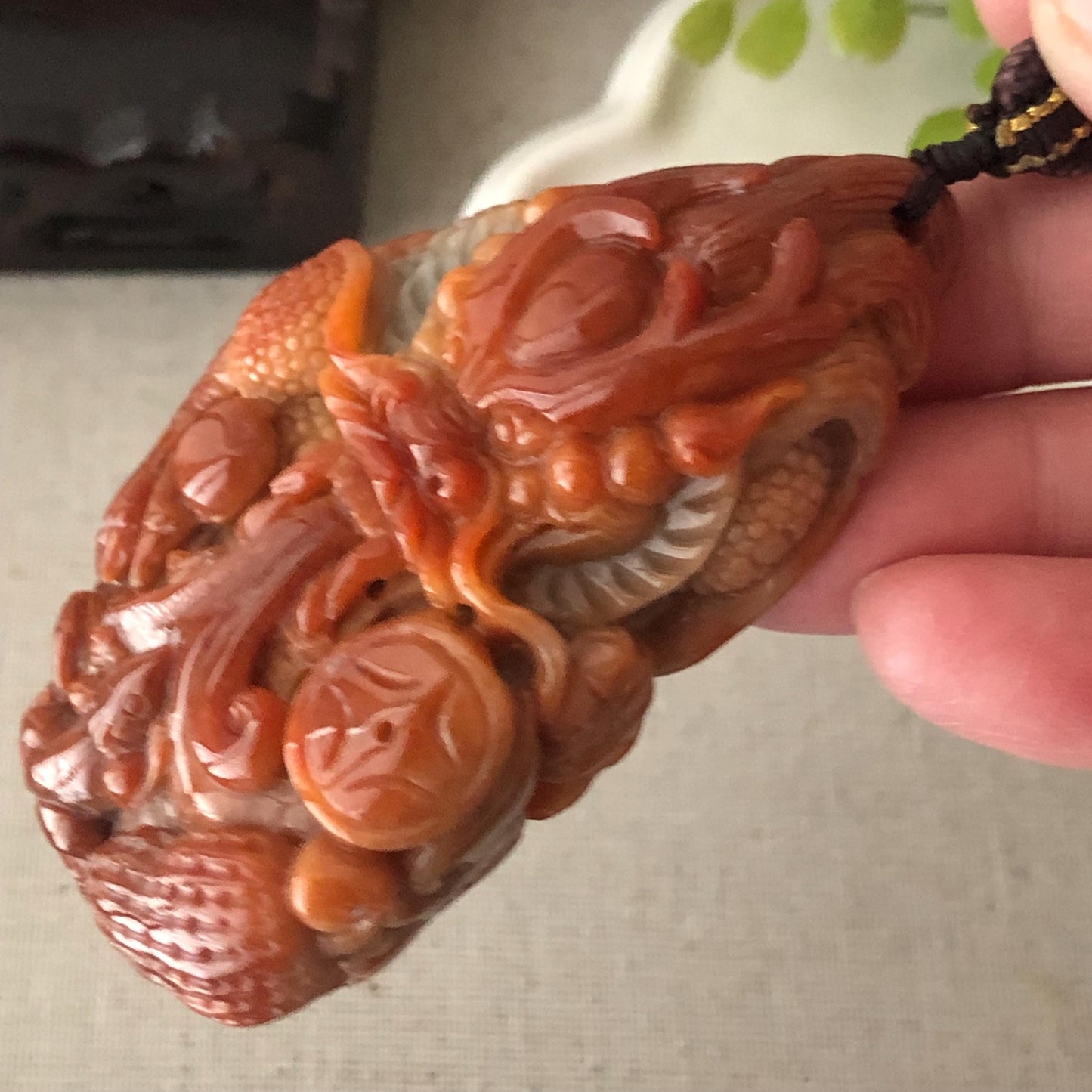 71mm Red Brown Jadeite Jade Carved Dragon Pendant