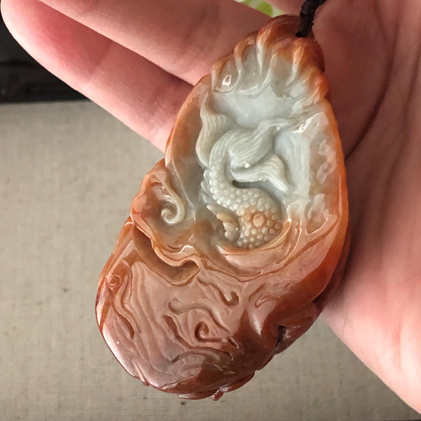 71mm Red Brown Jadeite Jade Carved Dragon Pendant