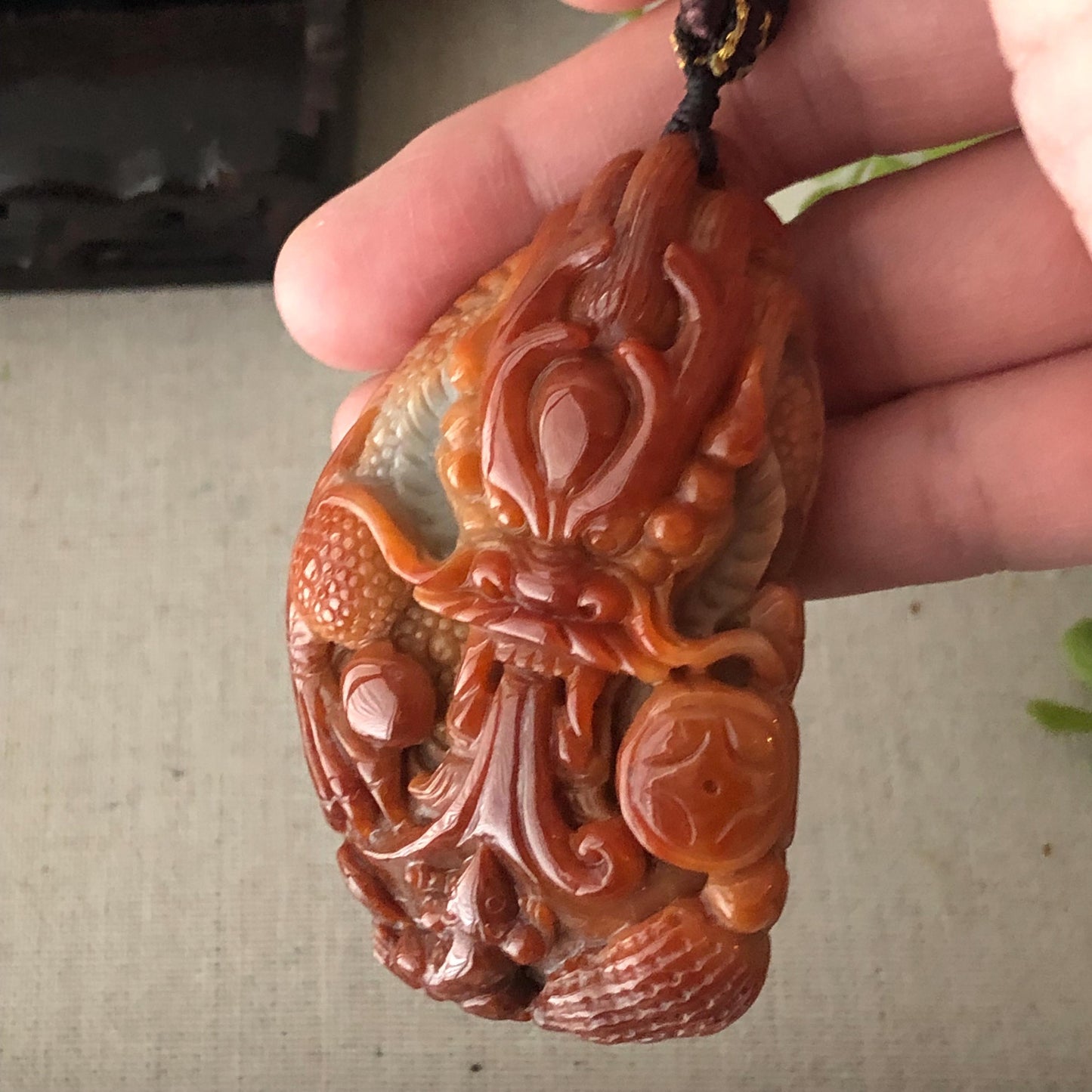 71mm Red Brown Jadeite Jade Carved Dragon Pendant