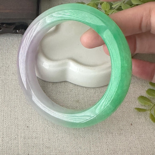 57mm Icy Green Lavender Jadeite Jade D Shaped Bangle