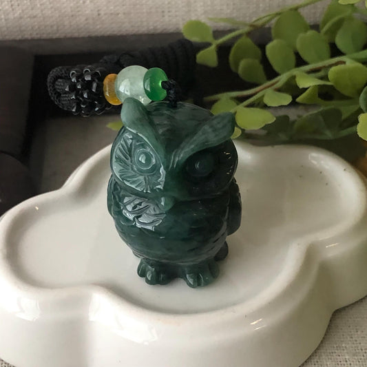 36mm Jadeite Jade Green Carved Owl Pendant Charm