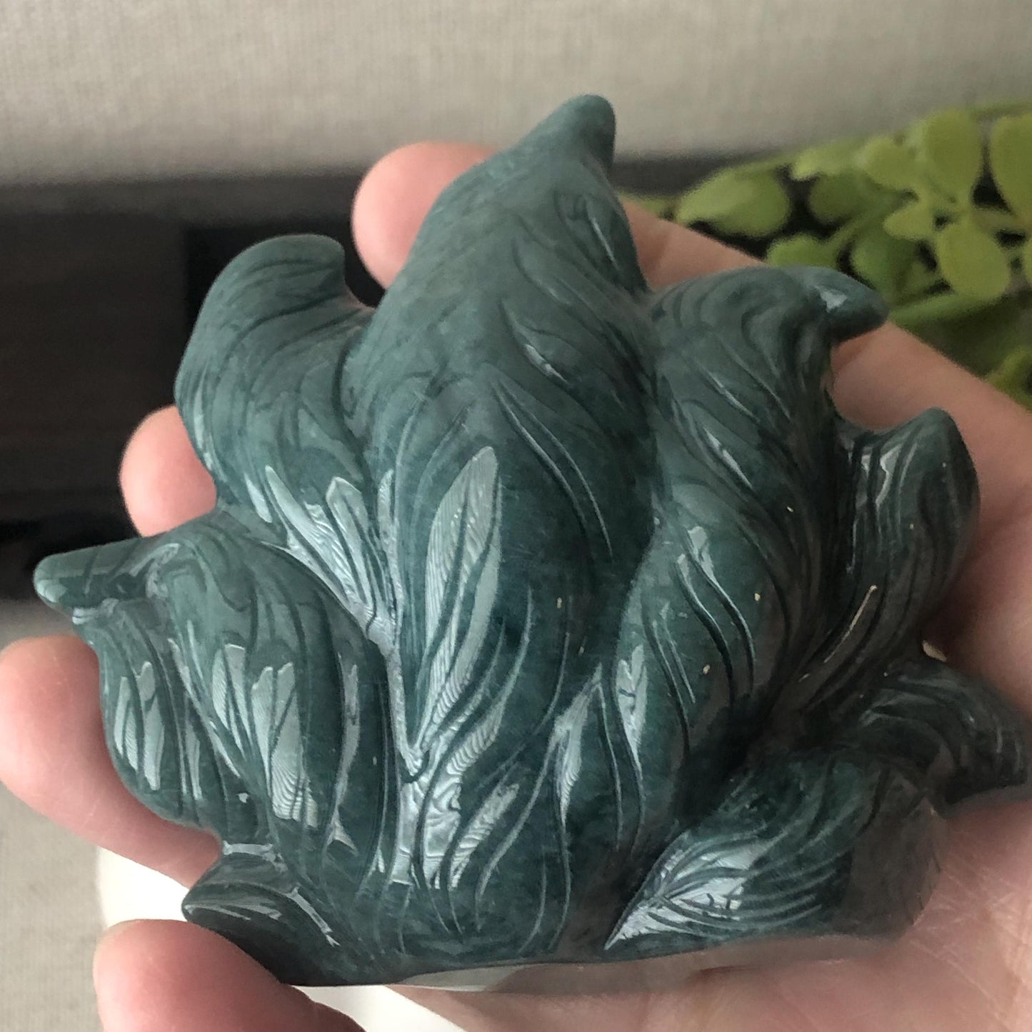 67mm Blue Green Jadeite Jade Carved Foxtail Kitsune Display Statue