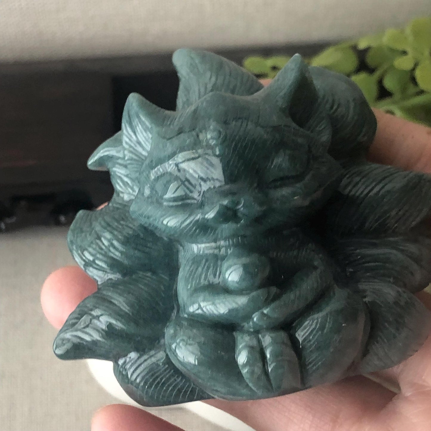 67mm Blue Green Jadeite Jade Carved Foxtail Kitsune Display Statue
