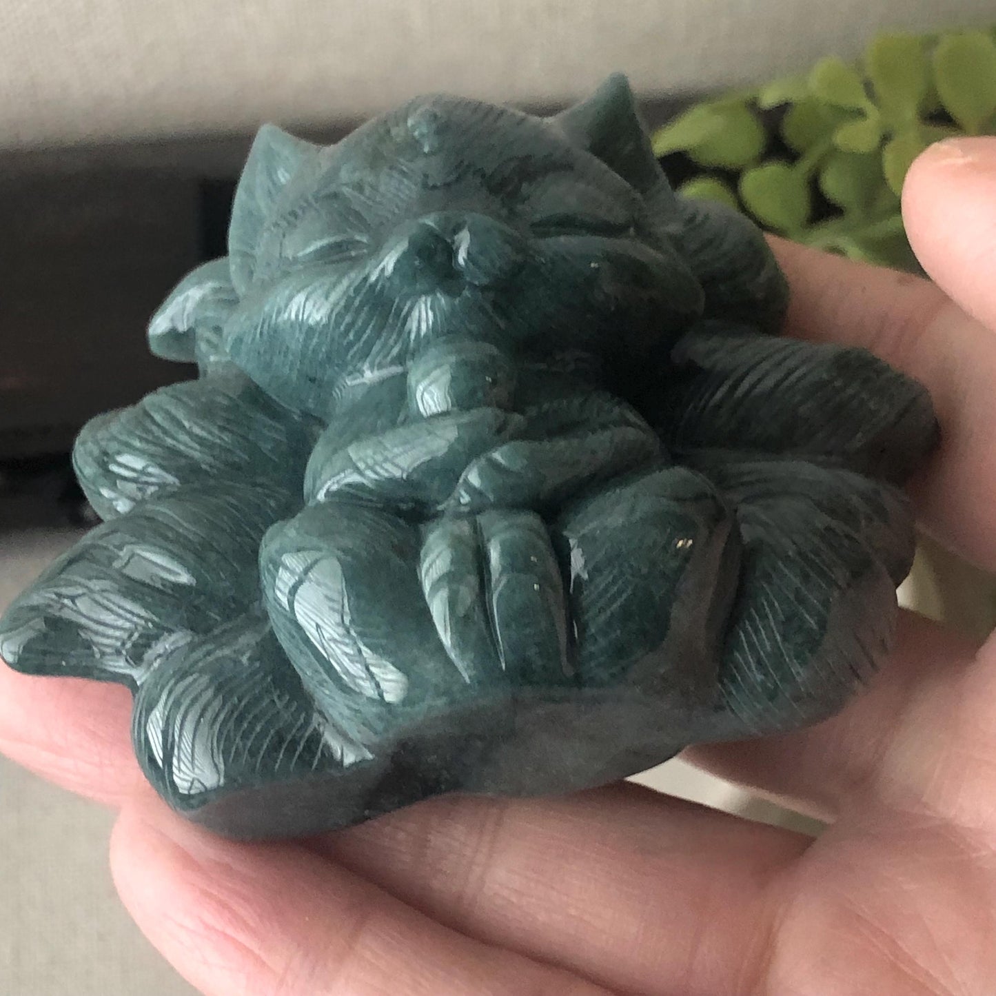 67mm Blue Green Jadeite Jade Carved Foxtail Kitsune Display Statue
