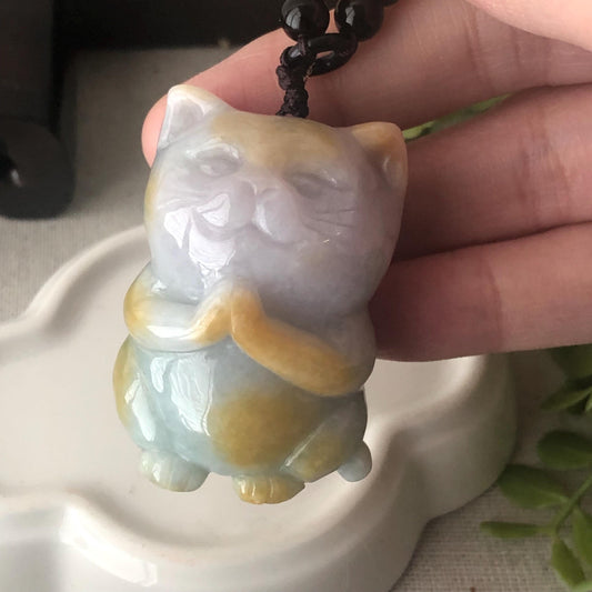 42.6mm Jadeite Jade Yellow Brown Carved Cat Pendant Charm