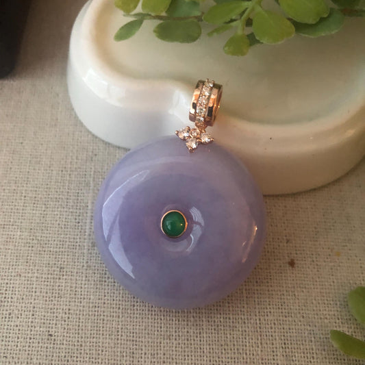18K Jadeite Jade Dainty Pink Lavender Donut Pendant Diamonds