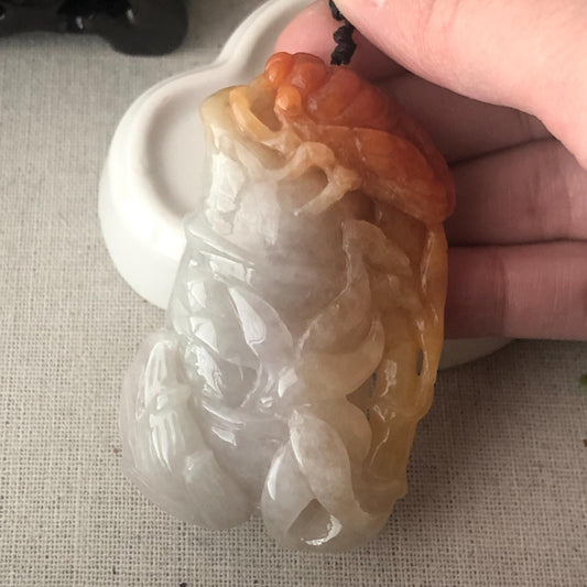 66mm Yellow Red Brown Jadeite Jade Carved Bamboo Locust Pendant