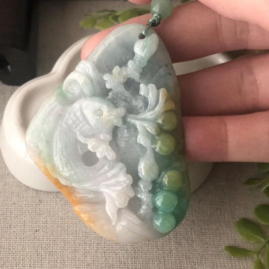 61mm Yellow Green Jadeite Jade Carved Fish Pendant