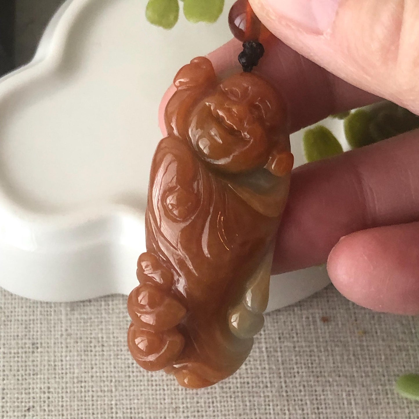 43.4 mm Red Brown Jadeite Jade Happy Buddha Pendant