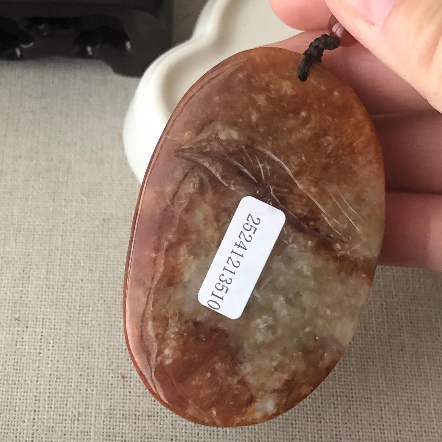 64mm Red Brown Jadeite Jade Carved Flower Landscape Mountain Pendant