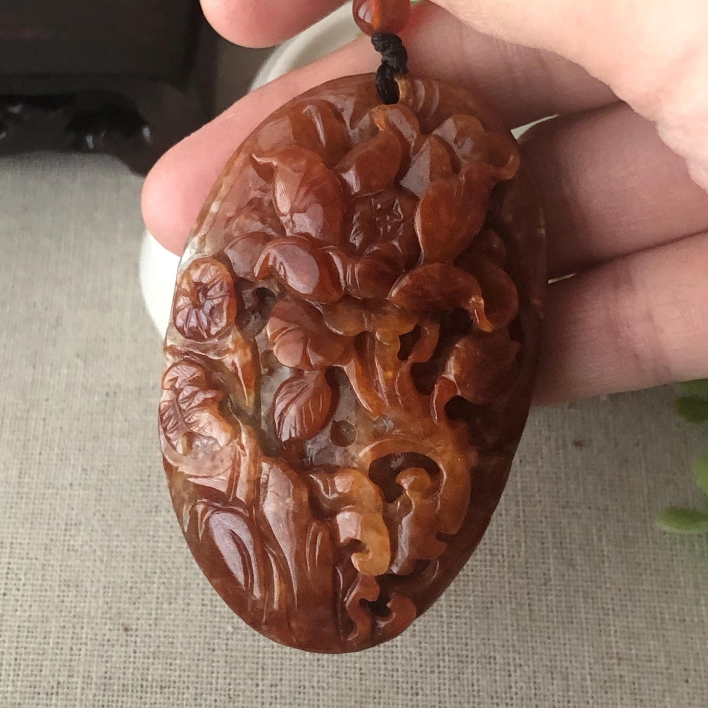 64mm Red Brown Jadeite Jade Carved Flower Landscape Mountain Pendant