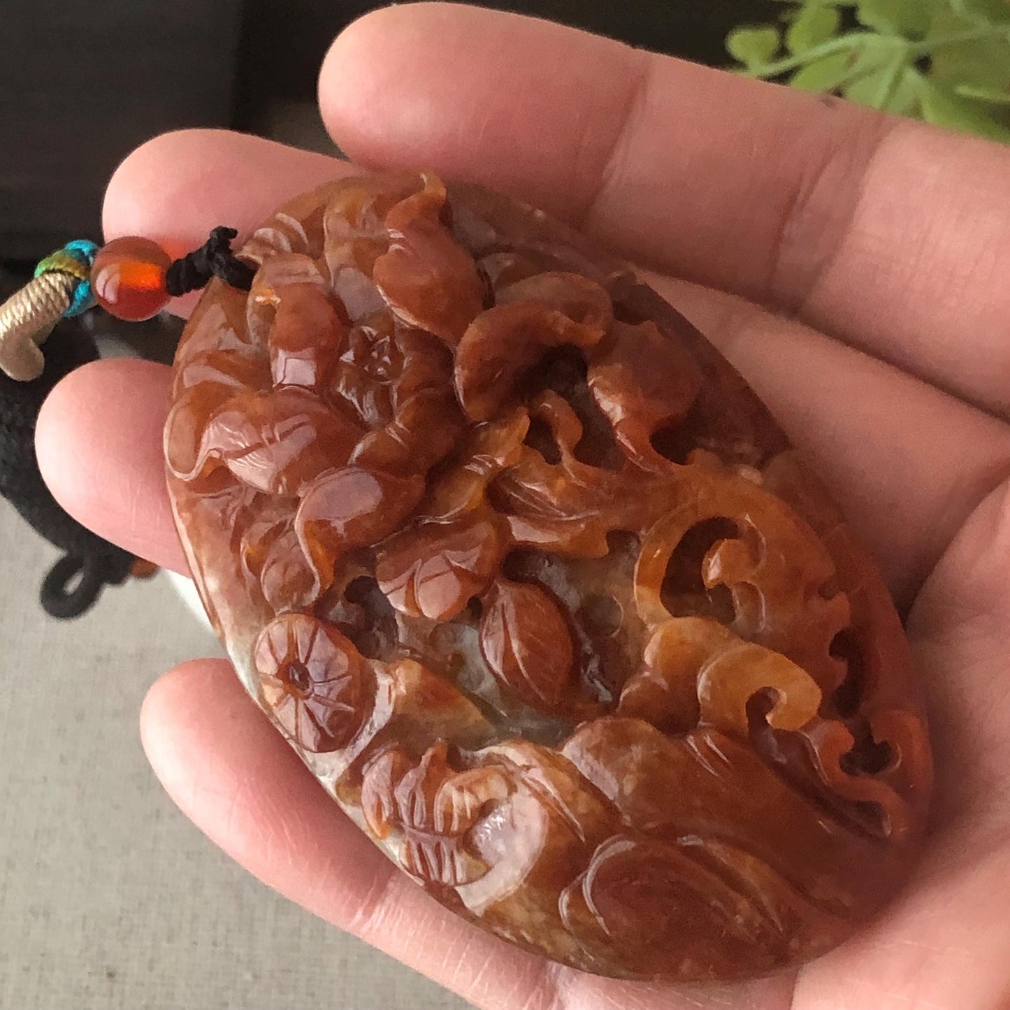 64mm Red Brown Jadeite Jade Carved Flower Landscape Mountain Pendant