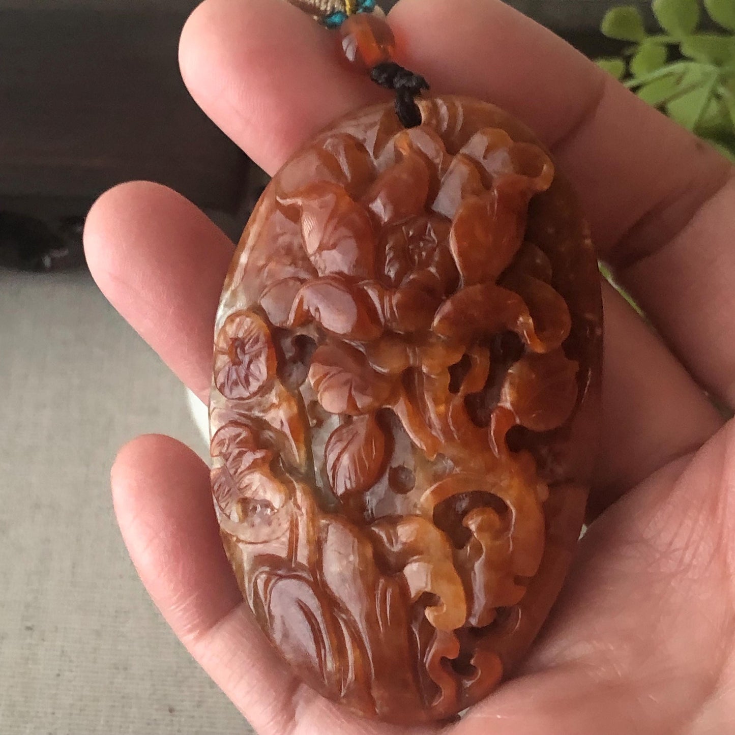 64mm Red Brown Jadeite Jade Carved Flower Landscape Mountain Pendant