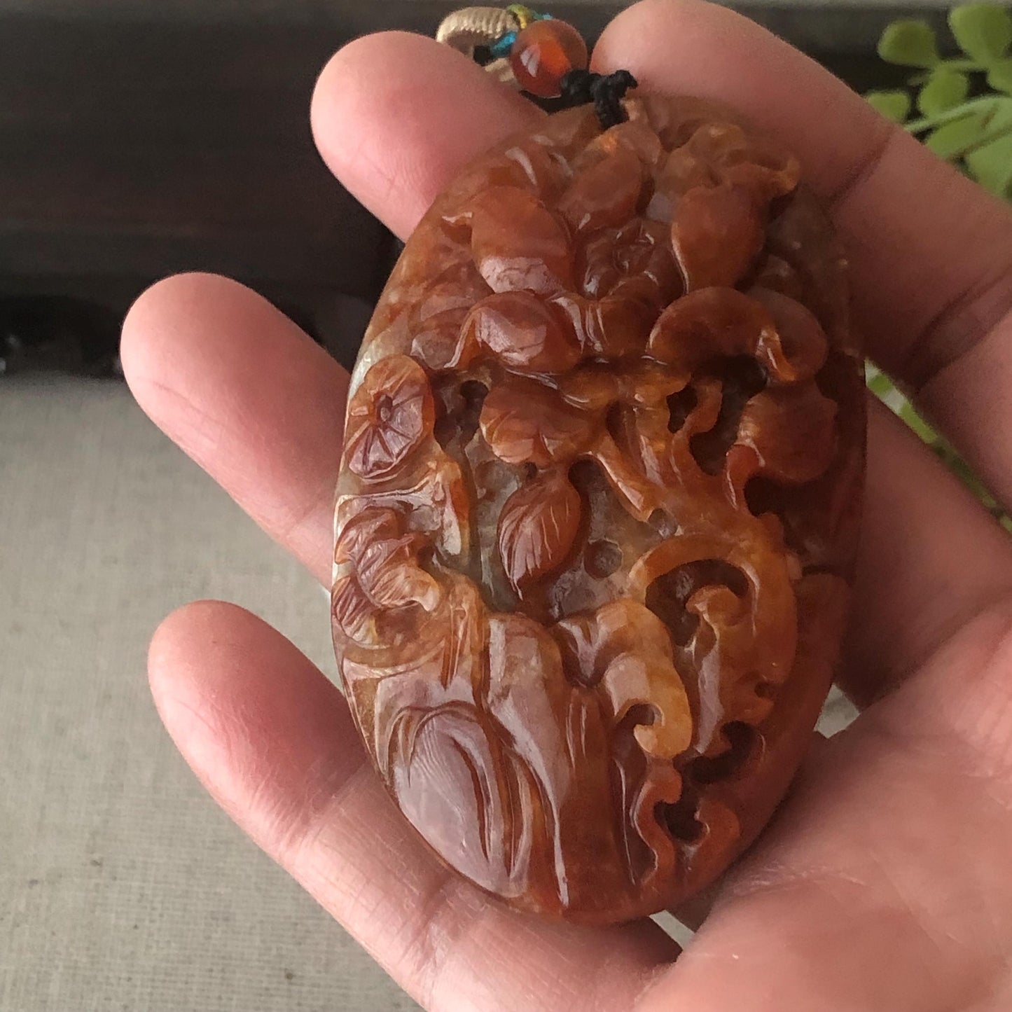 64mm Red Brown Jadeite Jade Carved Flower Landscape Mountain Pendant