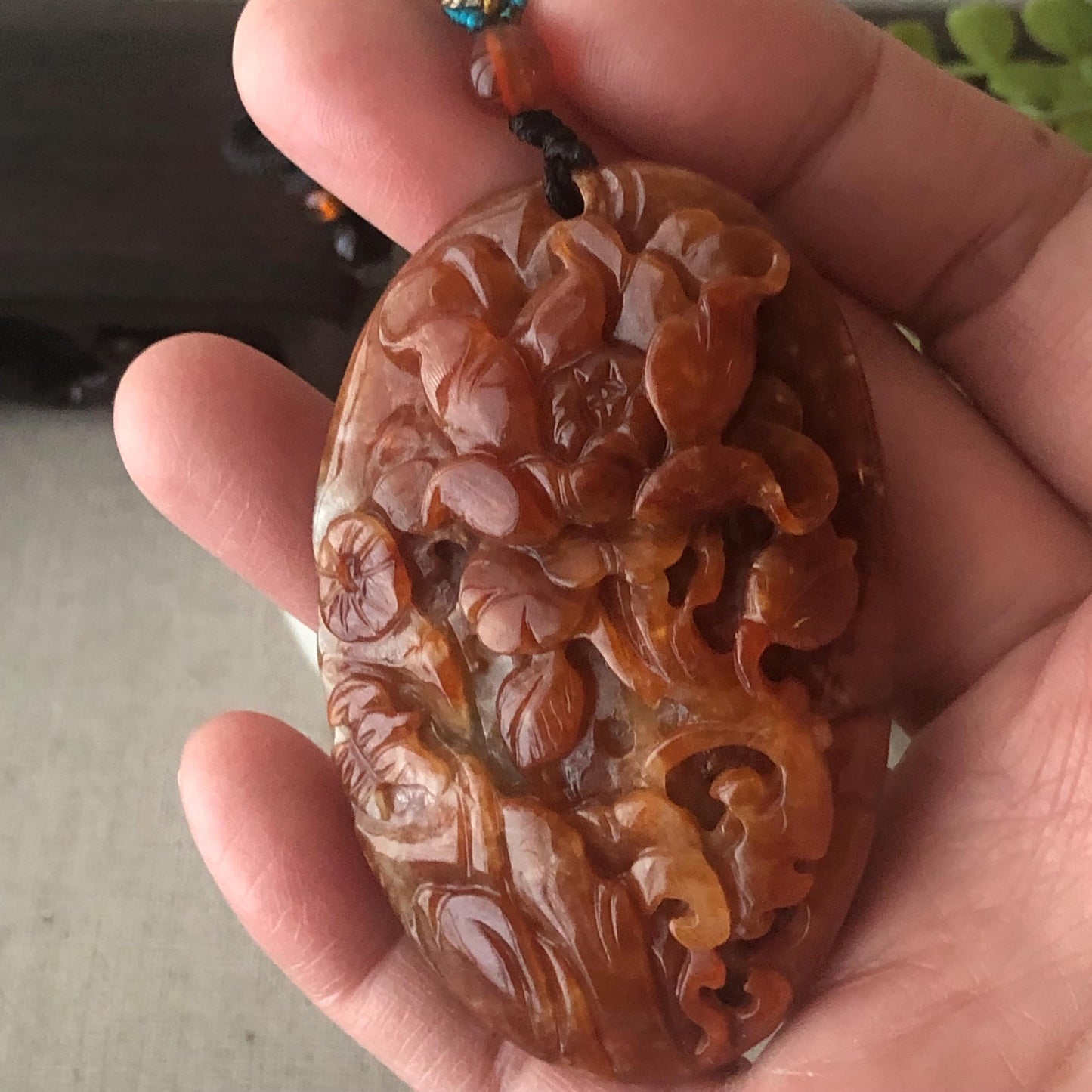 64mm Red Brown Jadeite Jade Carved Flower Landscape Mountain Pendant