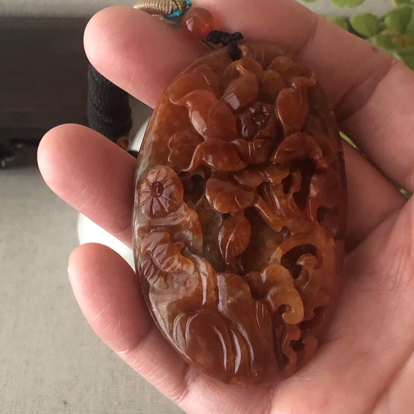 64mm Red Brown Jadeite Jade Carved Flower Landscape Mountain Pendant