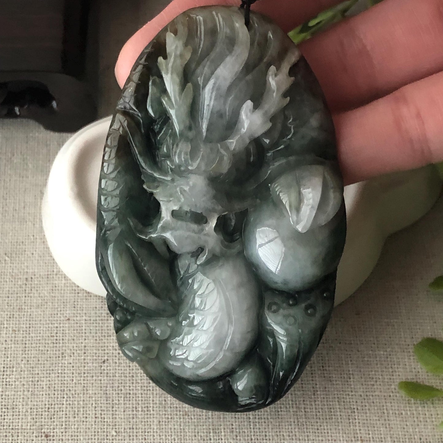 76.7mm Jadeite Jade Wuji Grey White  Carved Dragon Pendant