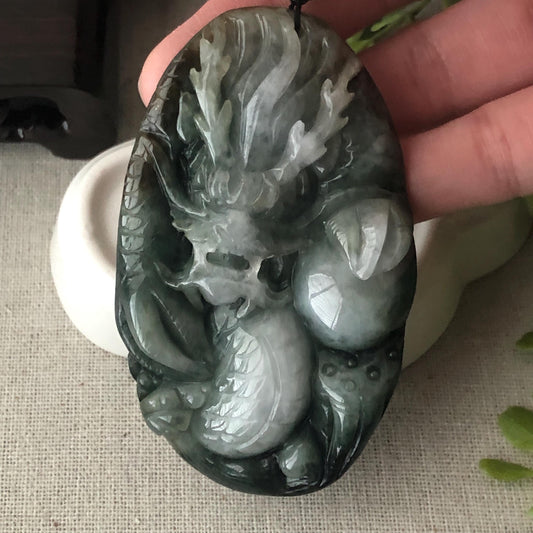 76.7mm Jadeite Jade Wuji Grey White  Carved Dragon Pendant