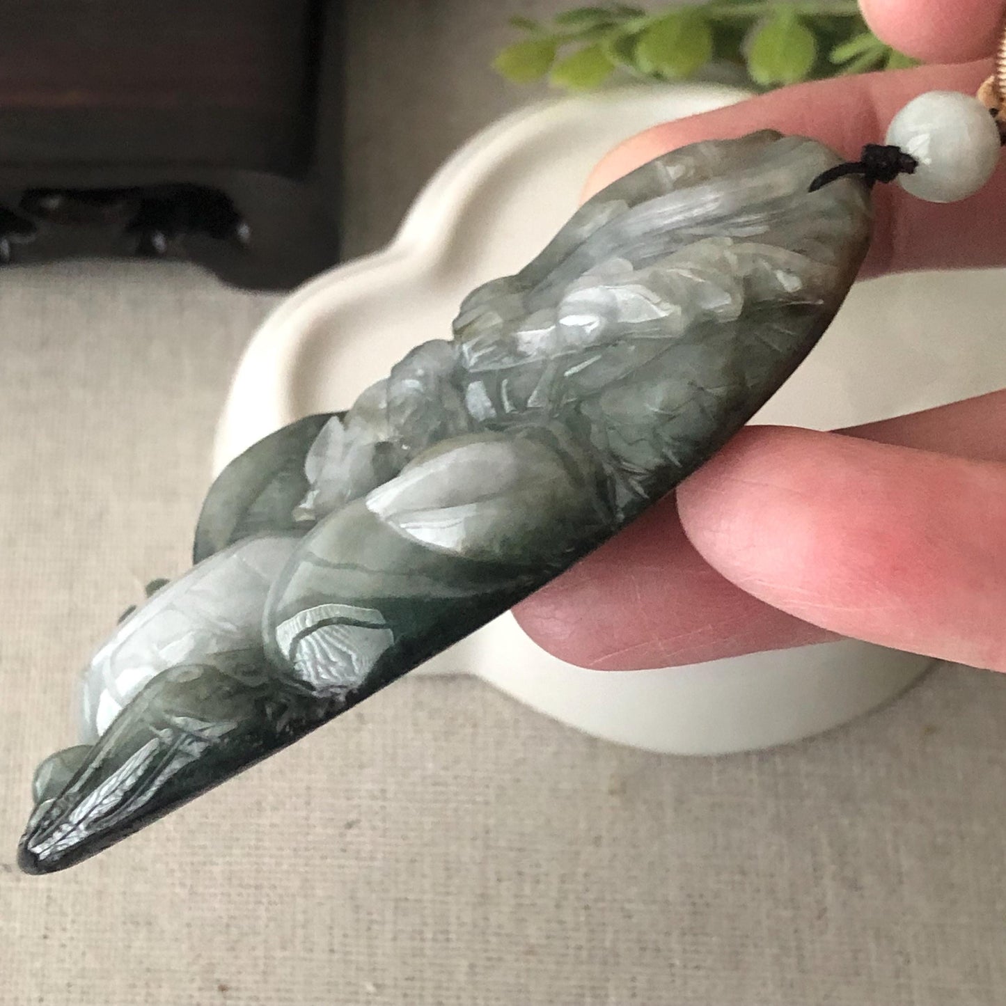 76.7mm Jadeite Jade Wuji Grey White  Carved Dragon Pendant