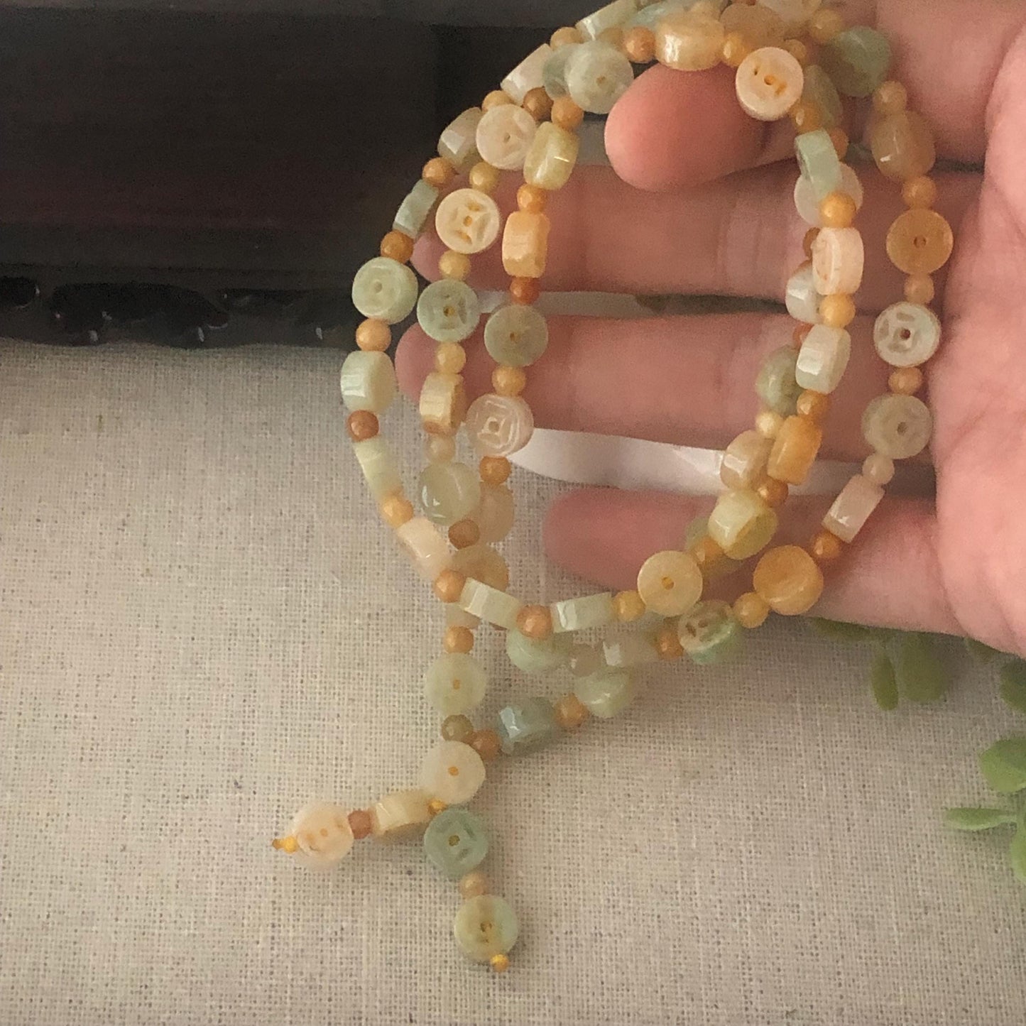 6.8mm Icy Glossy Green Yellow Jadeite Jade Carved Ba Guai Necklace Bracelet
