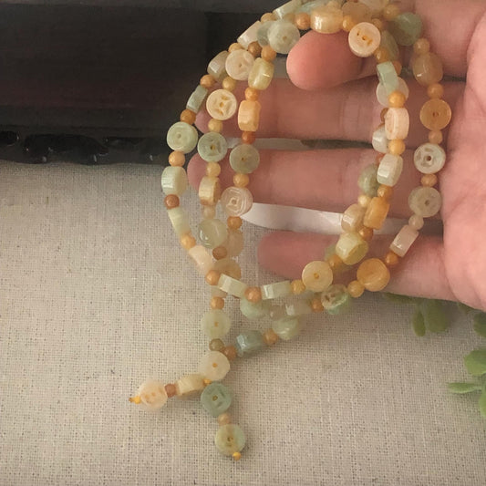6.8mm Icy Glossy Green Yellow Jadeite Jade Carved Ba Guai Necklace Bracelet