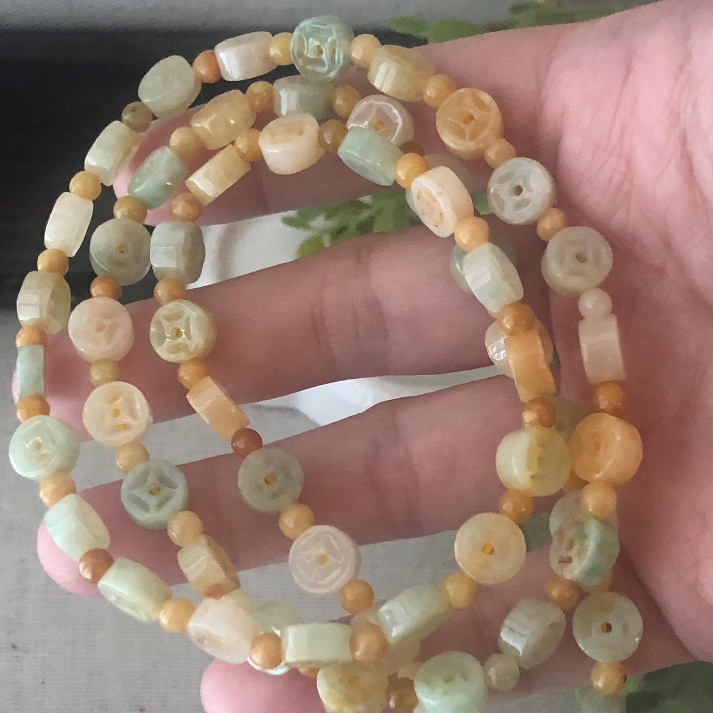 6.8mm Icy Glossy Green Yellow Jadeite Jade Carved Ba Guai Necklace Bracelet