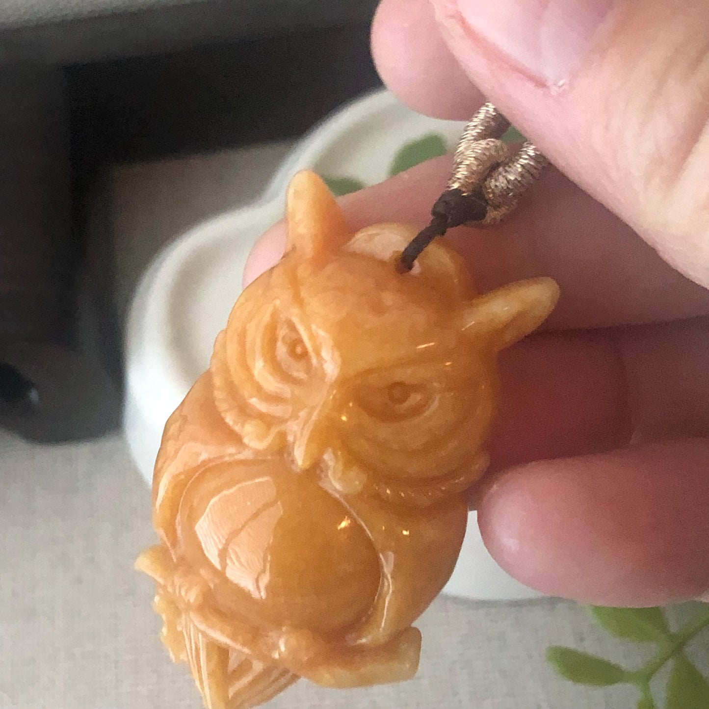 42.4 Jadeite Jade Yellow Brown Carved Owl Pendant Charm