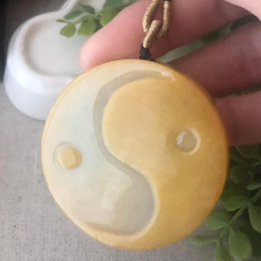 48.5 mm Yellow Brown Two Side Jadeite Jade Carved Yin Yang Dragon Pendant