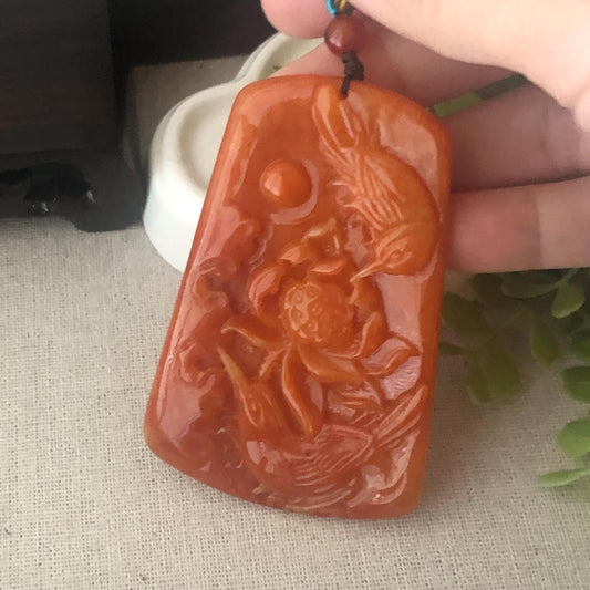 71mm Red Brown Jadeite Jade Carved Flower Double Bird Pendant
