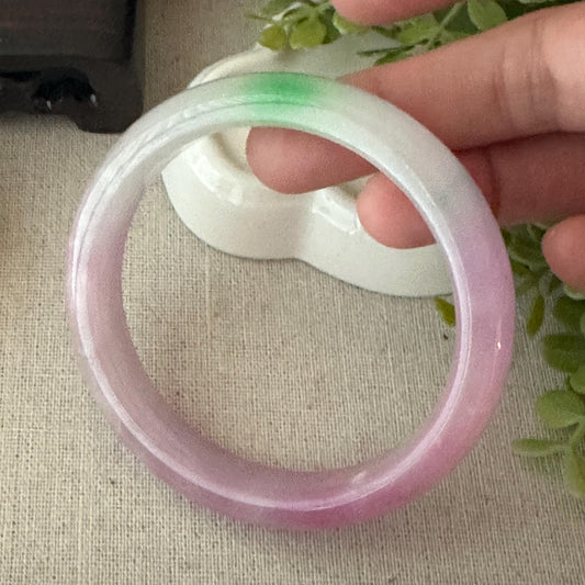 57 mm RARE Icy White Green Lavender Jadeite Jade D shaped Bangle