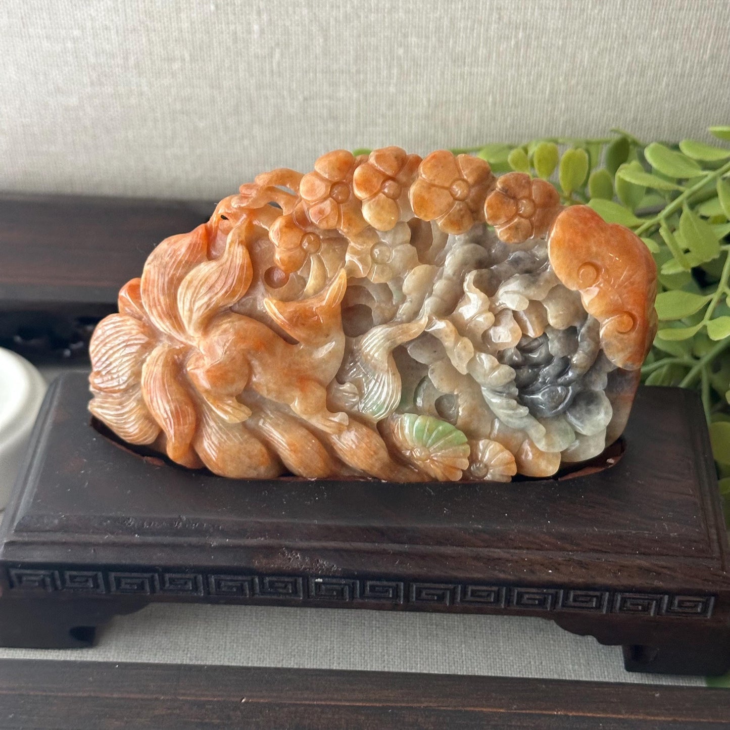 115mm Red Brown Jadeite Jade Carved Flower Kitsune Fox Tail Statue Display