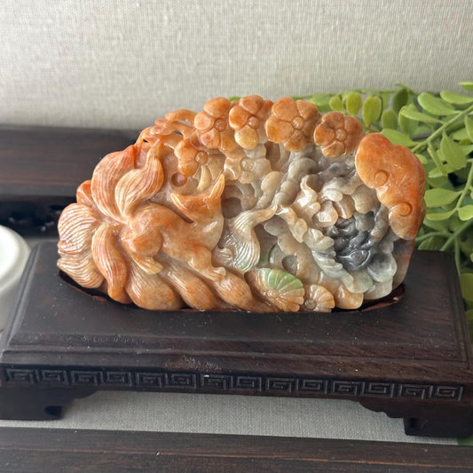 115mm Red Brown Jadeite Jade Carved Flower Kitsune Fox Tail Statue Display