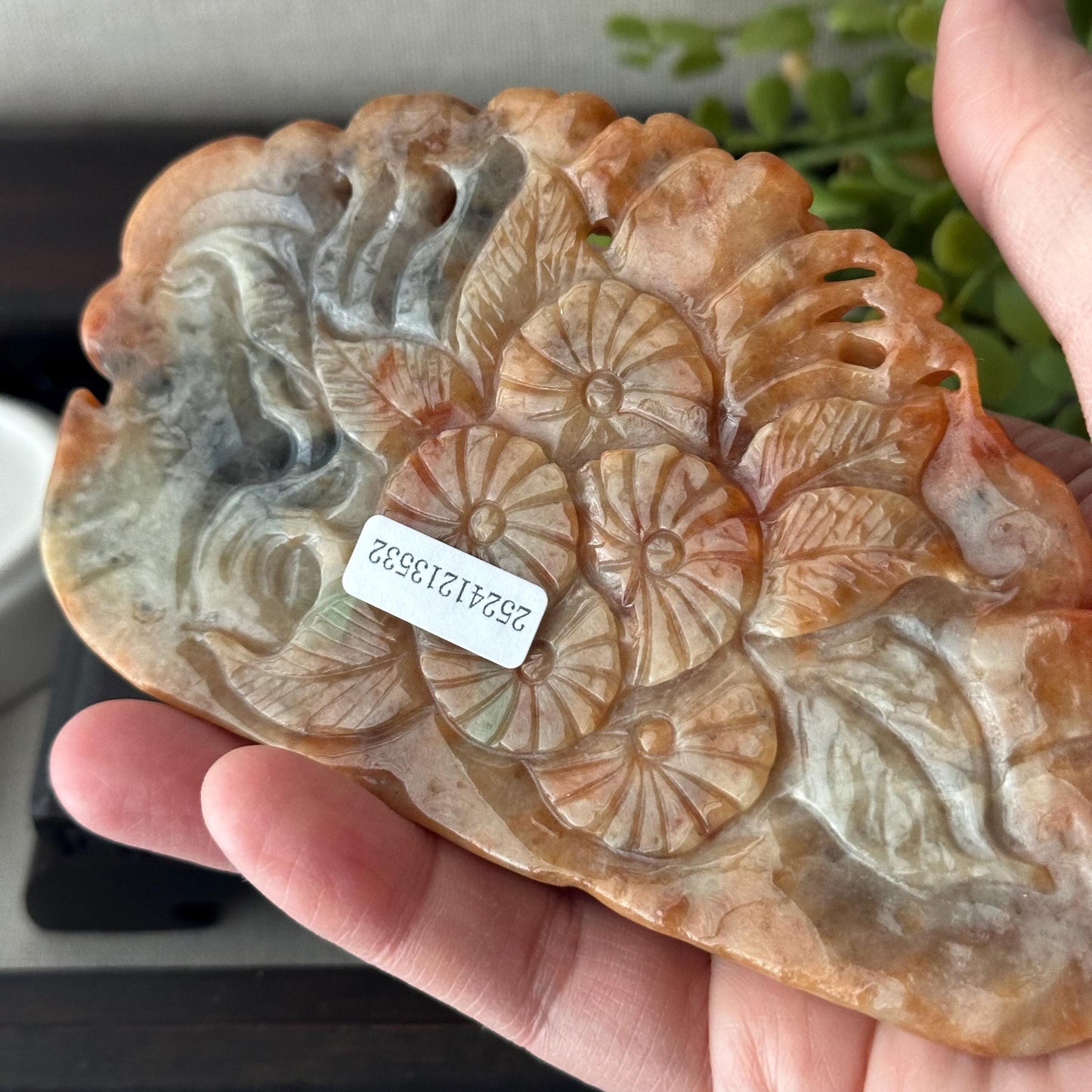 115mm Red Brown Jadeite Jade Carved Flower Kitsune Fox Tail Statue Display