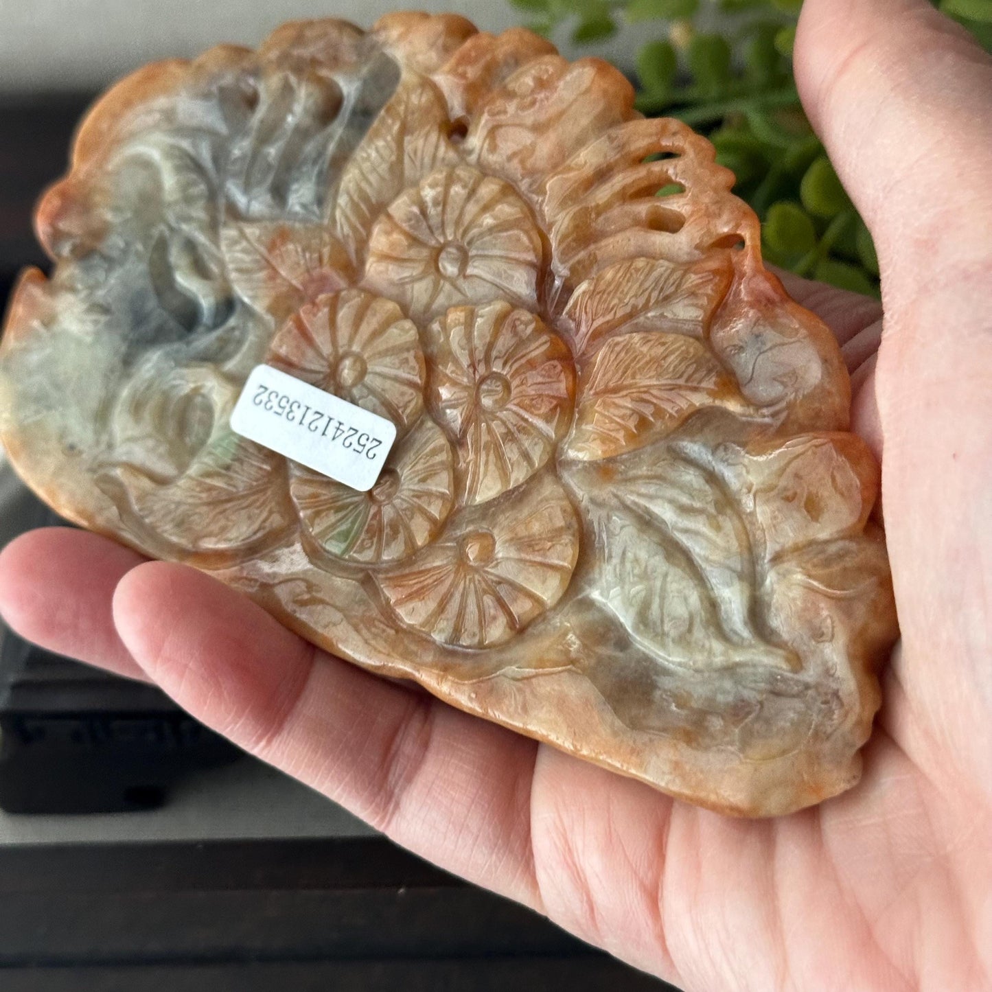 115mm Red Brown Jadeite Jade Carved Flower Kitsune Fox Tail Statue Display