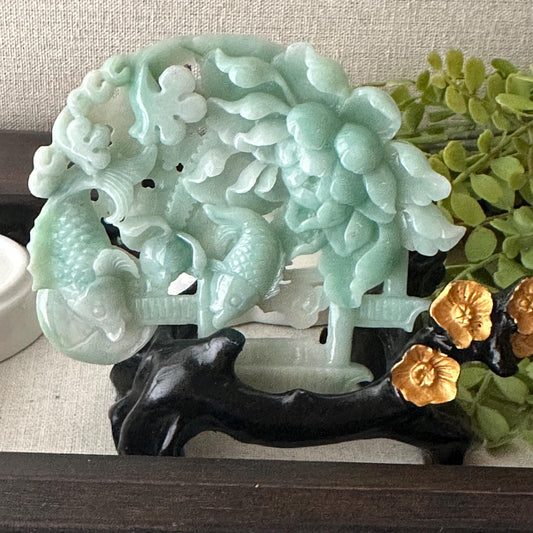 94.3mm Green Jadeite Jade Carved Fish Flower sculpture Statue Display
