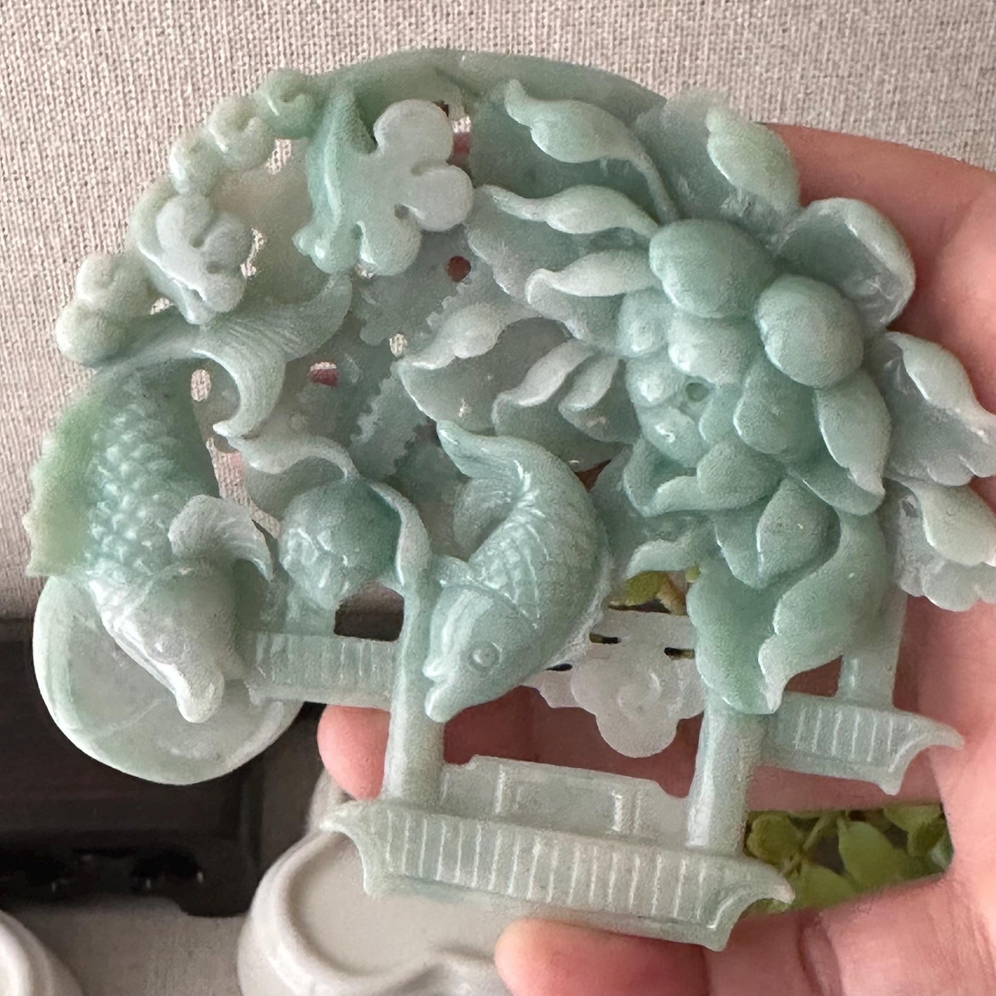 94.3mm Green Jadeite Jade Carved Fish Flower sculpture Statue Display
