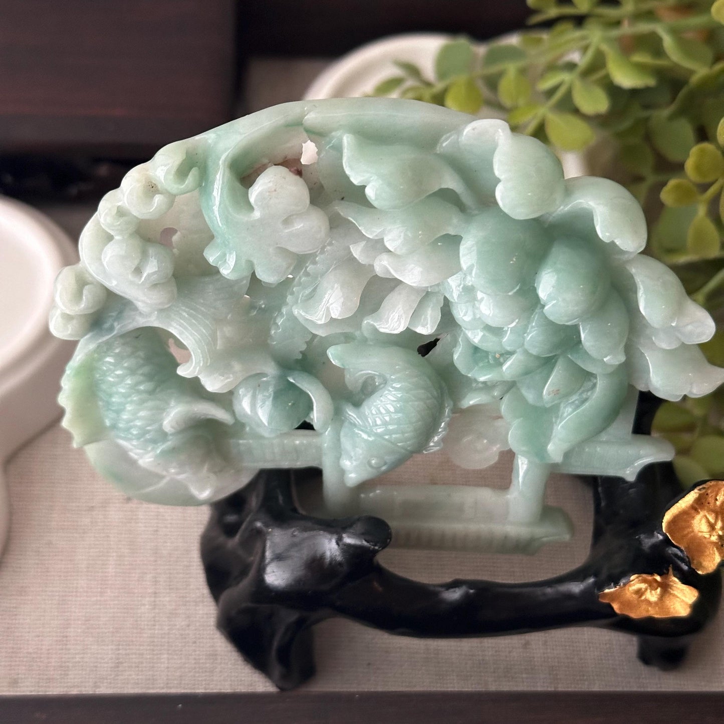 94.3mm Green Jadeite Jade Carved Fish Flower sculpture Statue Display