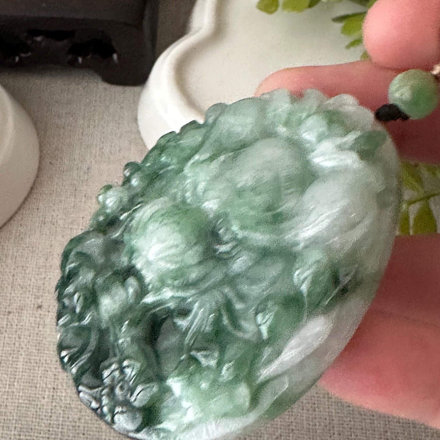56.7mm Jadeite Jade Green Tiger Head Pendant Charm