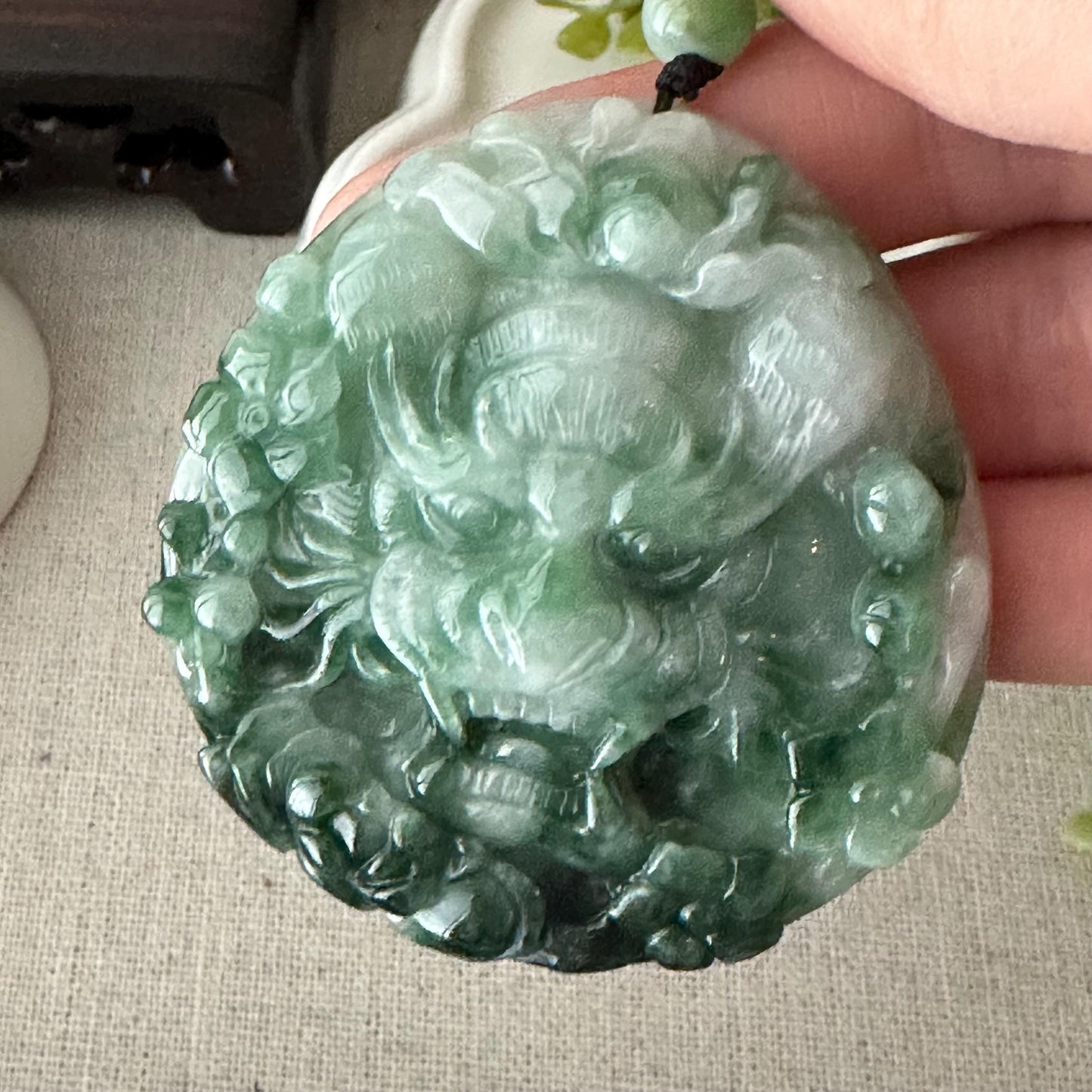 56.7mm Jadeite Jade Green Tiger Head Pendant Charm