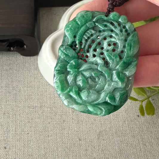 42 mm Green Jadeite Jade Carved Flower Pendant