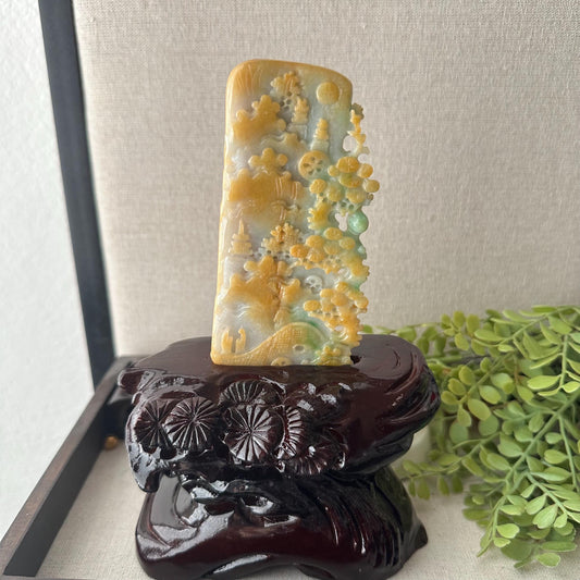 110 mm Yellow Green Jadeite Jade Carved Flower Landscape Mountain Trees Statue Display