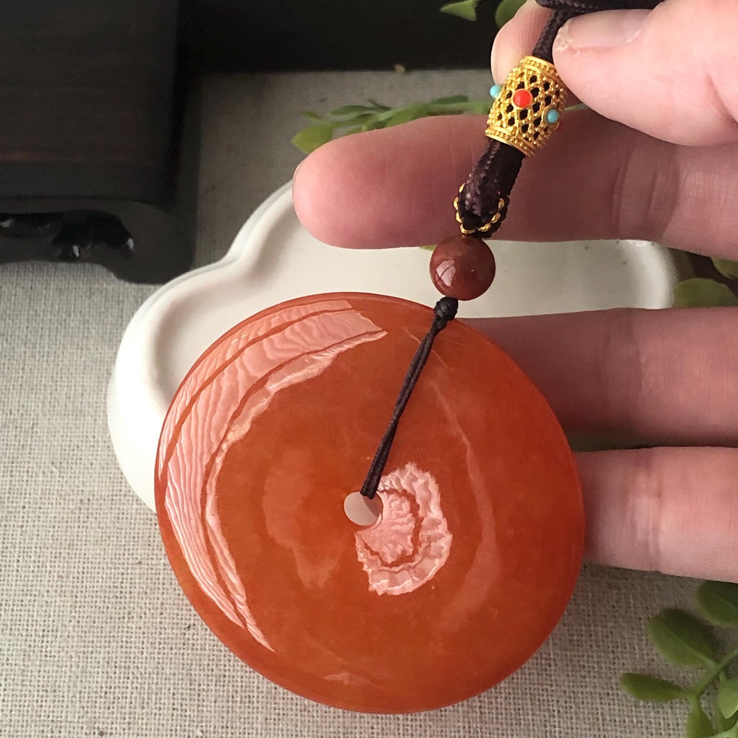 51.6mm Icy Red Brown Jadeite Jade  Donut Pendant