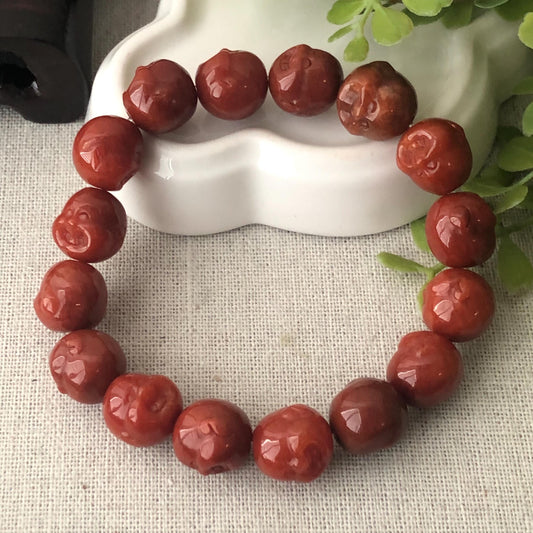 11.5mm Red Brown Glossy Carved Happy Buddha Head Jadeite Jade Bead Bracelet