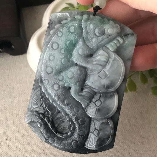 74mm Wuji Green Jadeite Jade Carved Lizard Lucky Coin Pendant