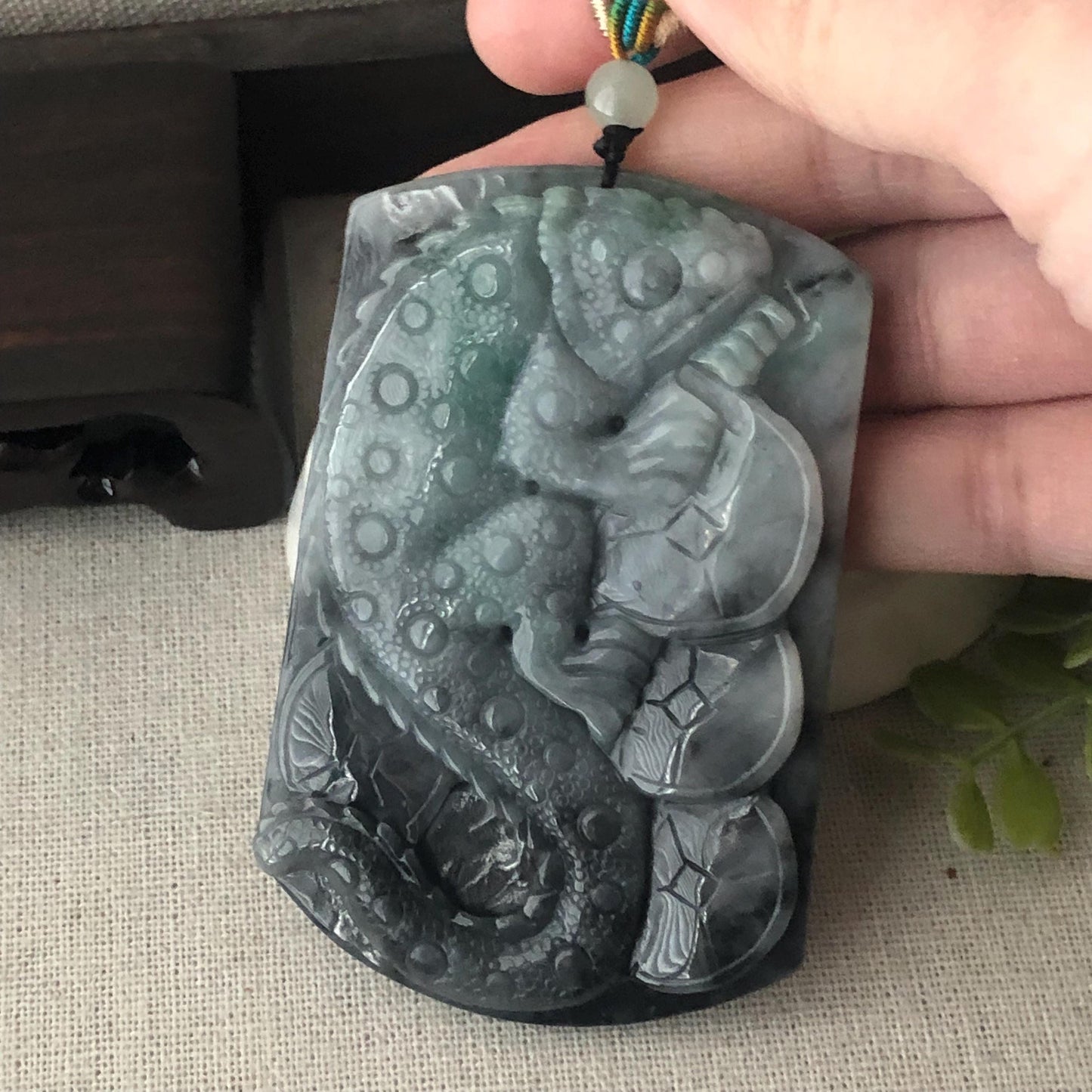 74mm Wuji Green Jadeite Jade Carved Lizard Lucky Coin Pendant